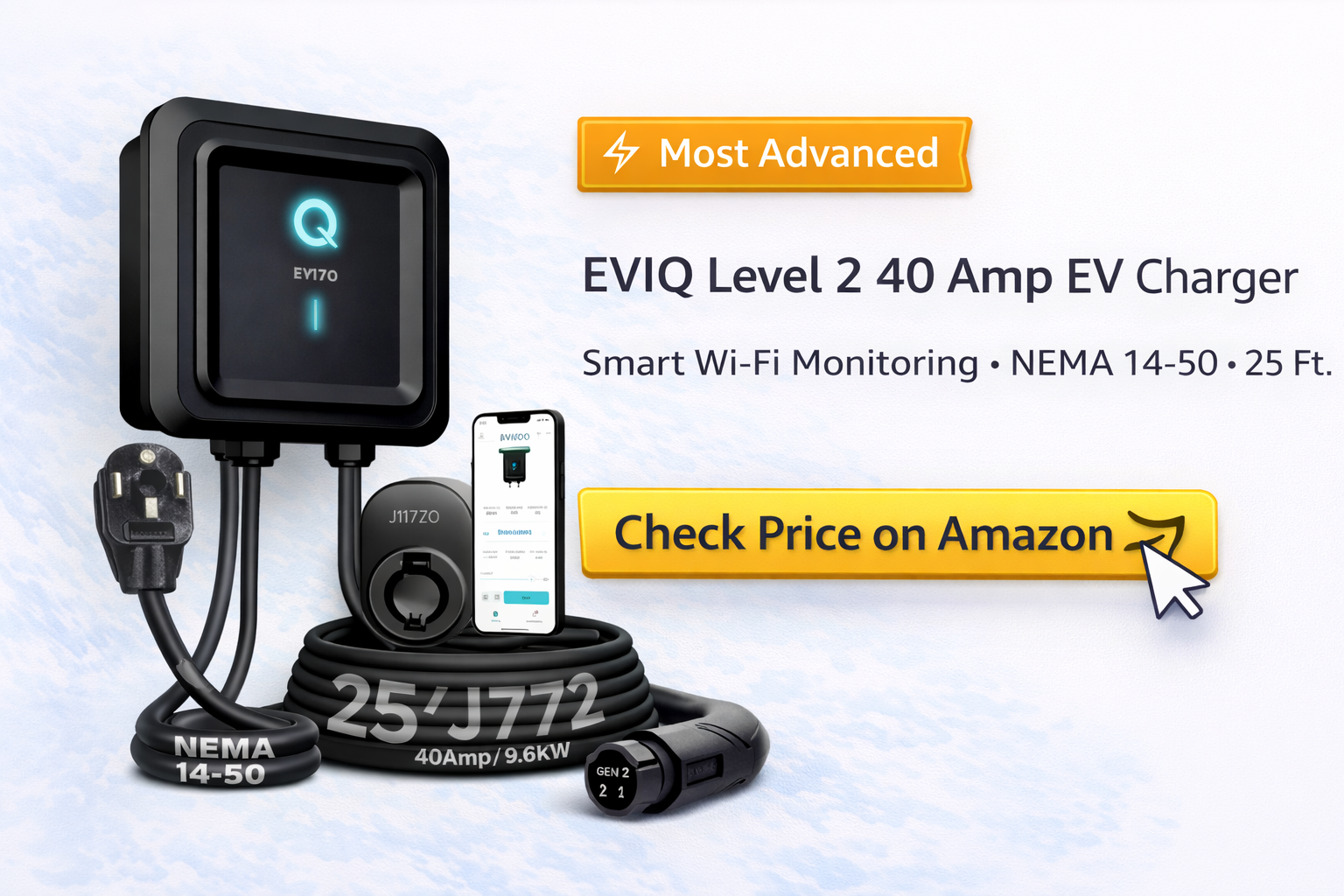 EVIQO Level 2 smart EV charger 40 amp with Wi-Fi app control